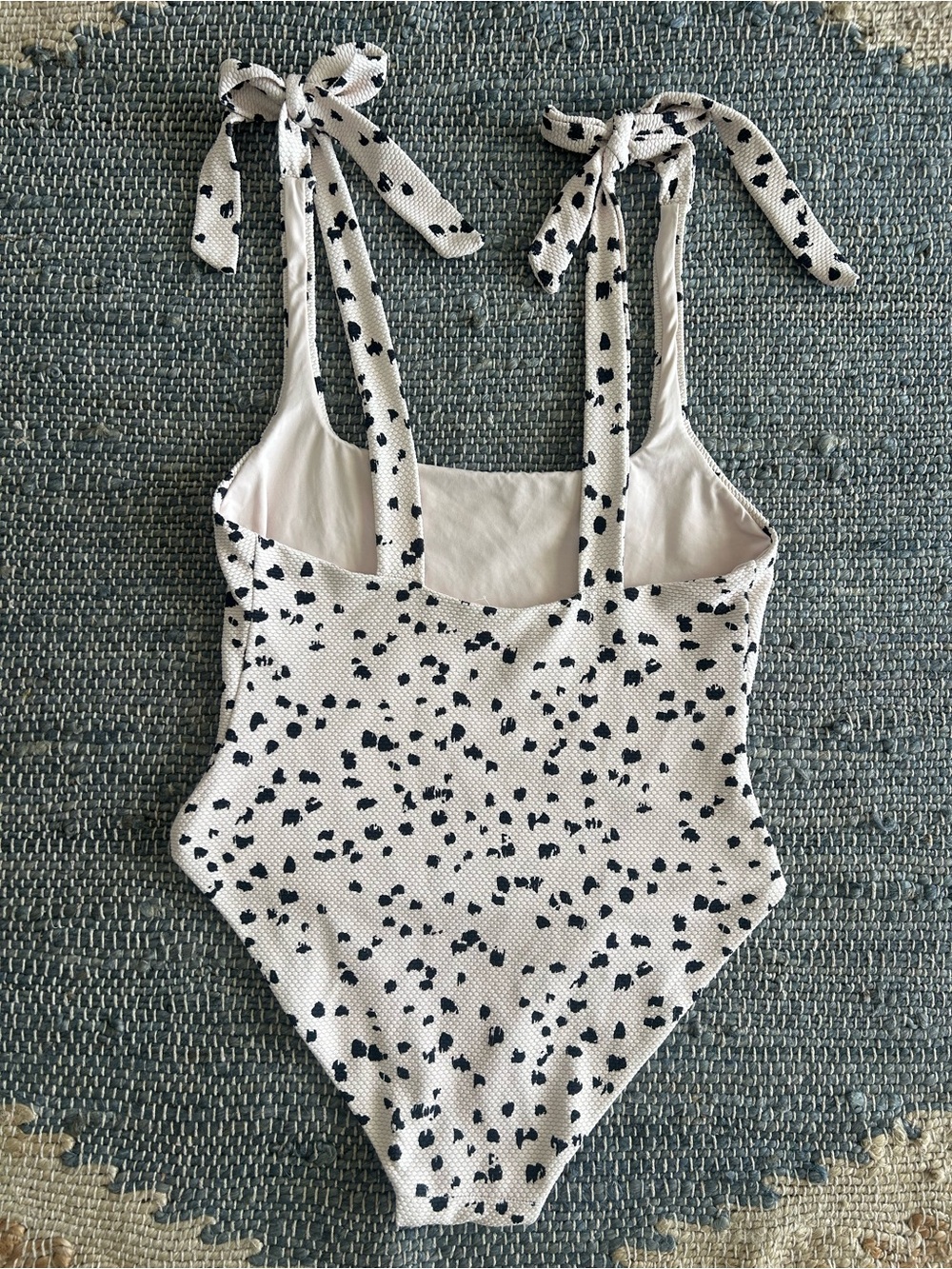 Eberjey Tie Shoulder One Piece Swimsuit Textured Spotted Ivory Black Size S - Picture 2 of 8